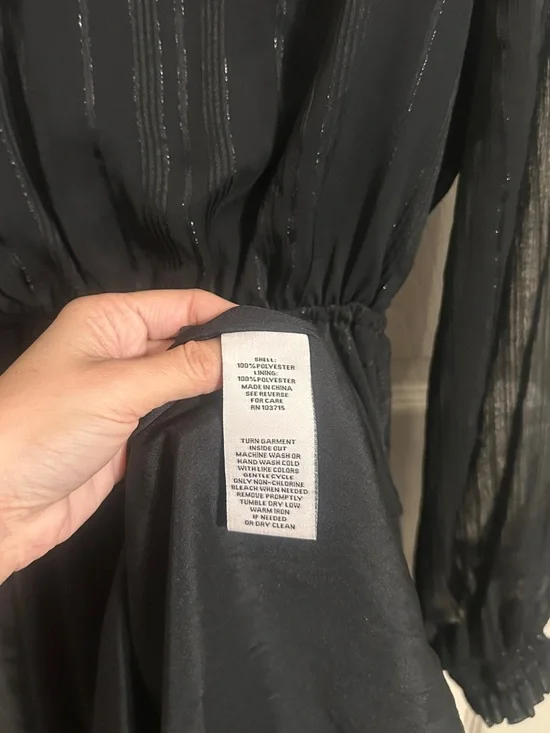 Nanette Lepore Sheer Long-Sleeve Handkerchief Hem Dress, Black w Silver, Sz 8 - Picture 9 of 9